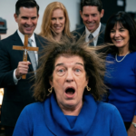 Woman with hair standing on end in front of three smiling people, one holding a crucifix, sparks flying in background