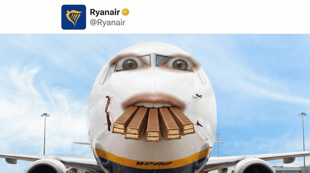 Ryanair airplane with human eyes and mouth edited to appear as if eating multiple KitKat bars.