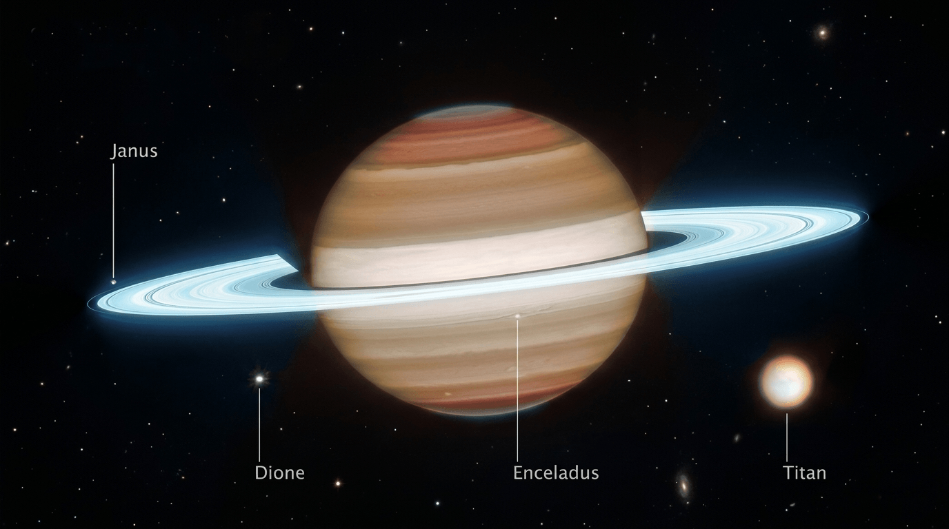 Saturn with its rings and labeled moons Janus, Dione, Enceladus, and Titan against a starry background.