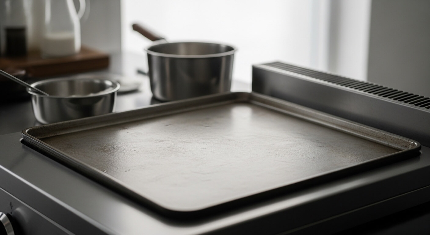 Empty metal baking sheet on stovetop with two stainless steel saucepans in the background