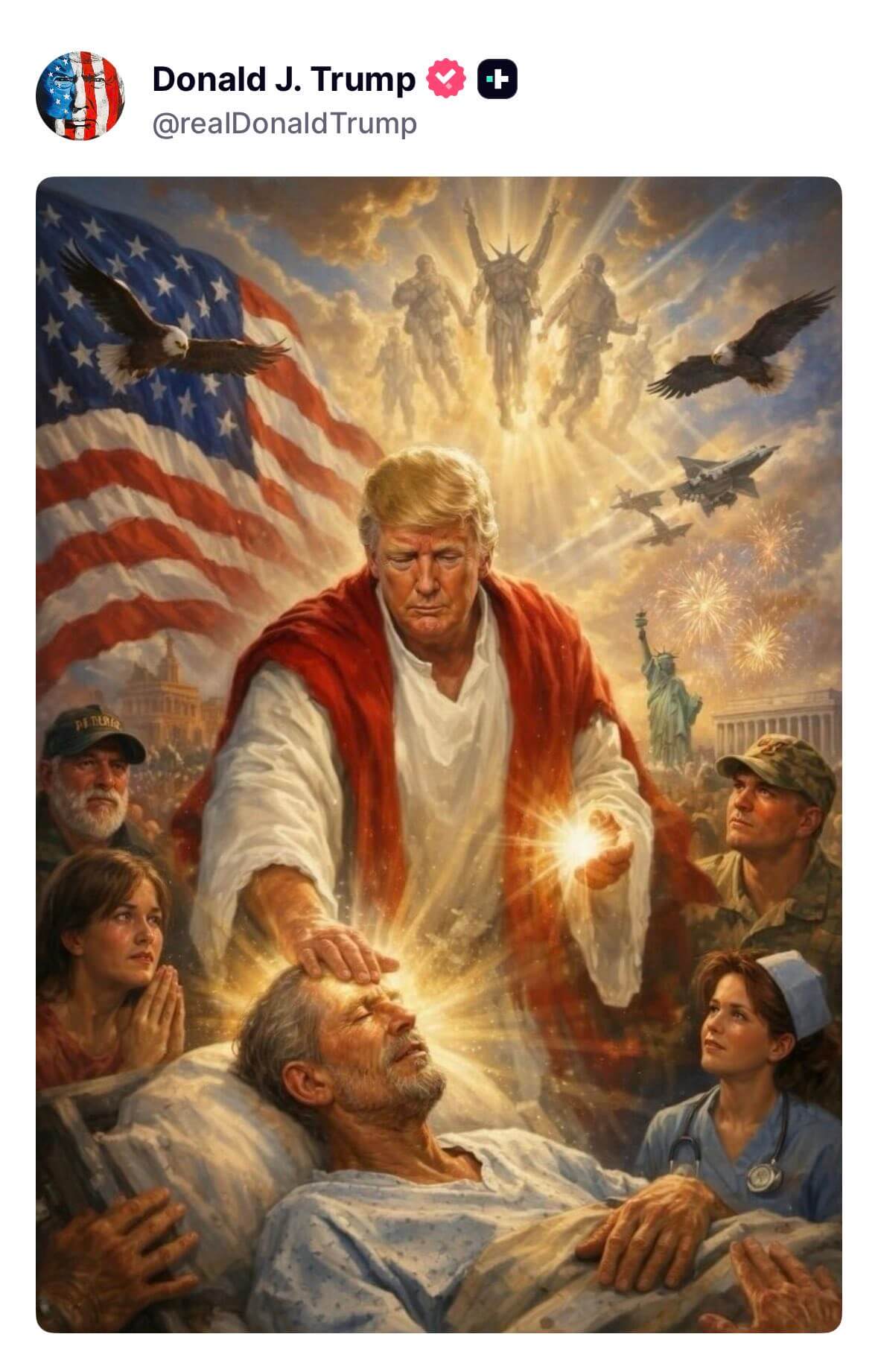 Donald Trump depicted as a healer blessing a sick man in a hospital bed with patriotic and military imagery in the background.
