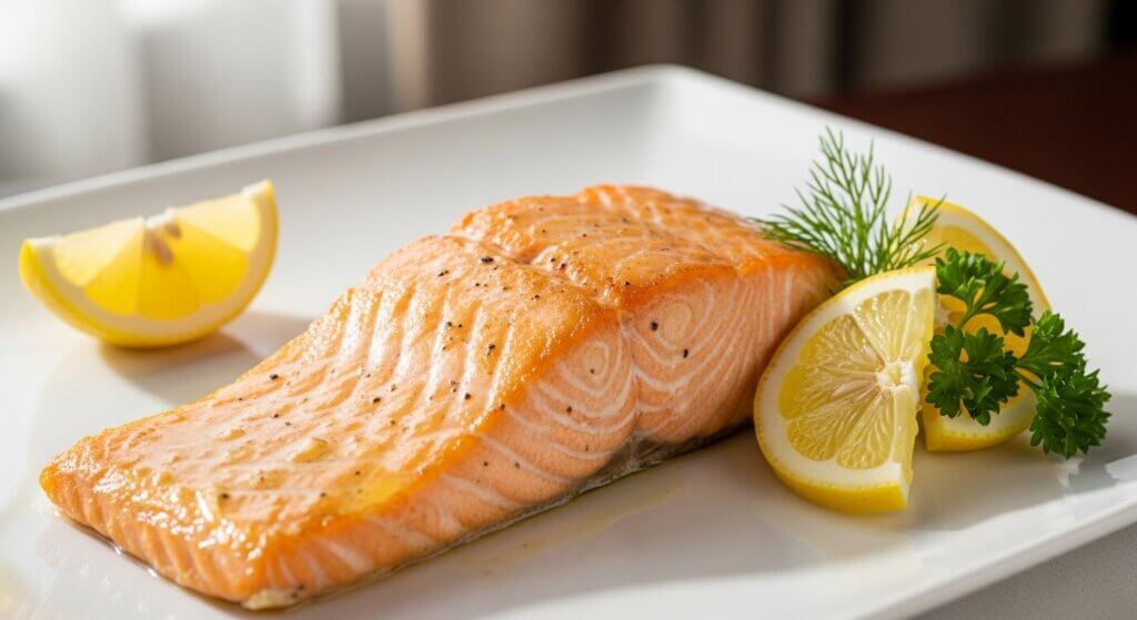 Cooked salmon fillet garnished with lemon wedges, parsley, and dill on a white plate