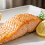 Cooked salmon fillet garnished with lemon wedges, parsley, and dill on a white plate