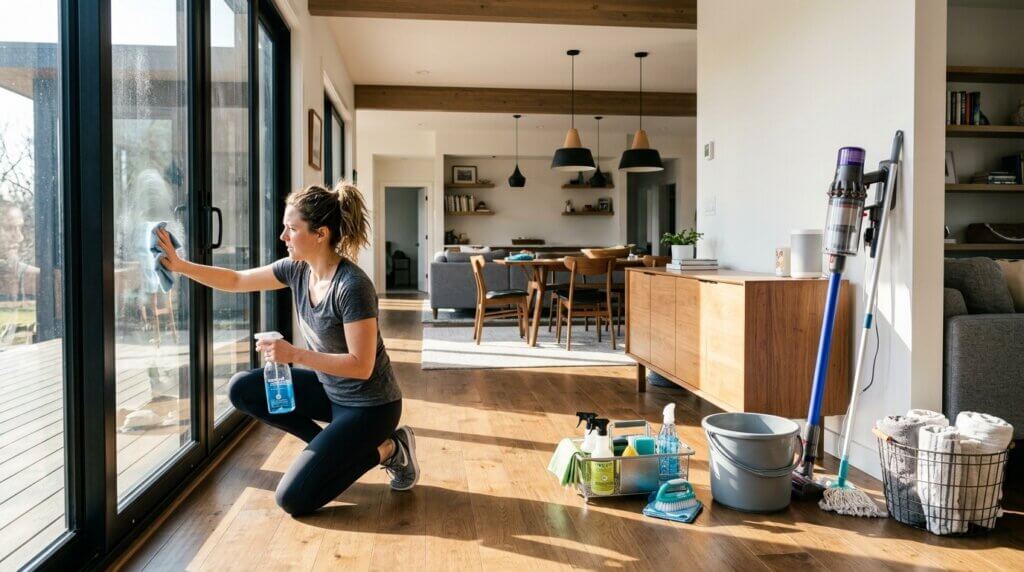 Woman cleaning glass door with spray bottle and cloth in modern living room with cleaning supplies nearby