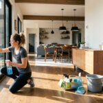 Woman cleaning glass door with spray bottle and cloth in modern living room with cleaning supplies nearby