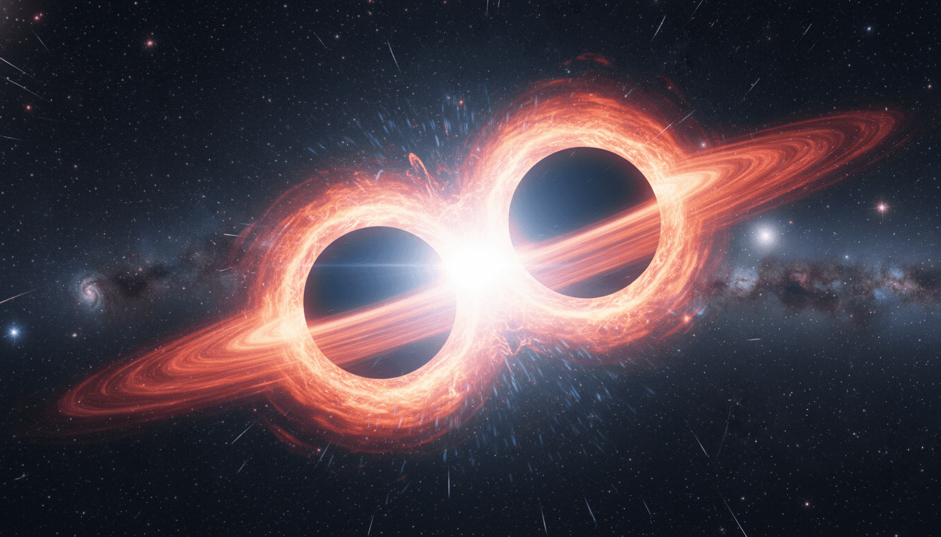 Two black holes with glowing orange accretion disks merging in deep space against a starry background.