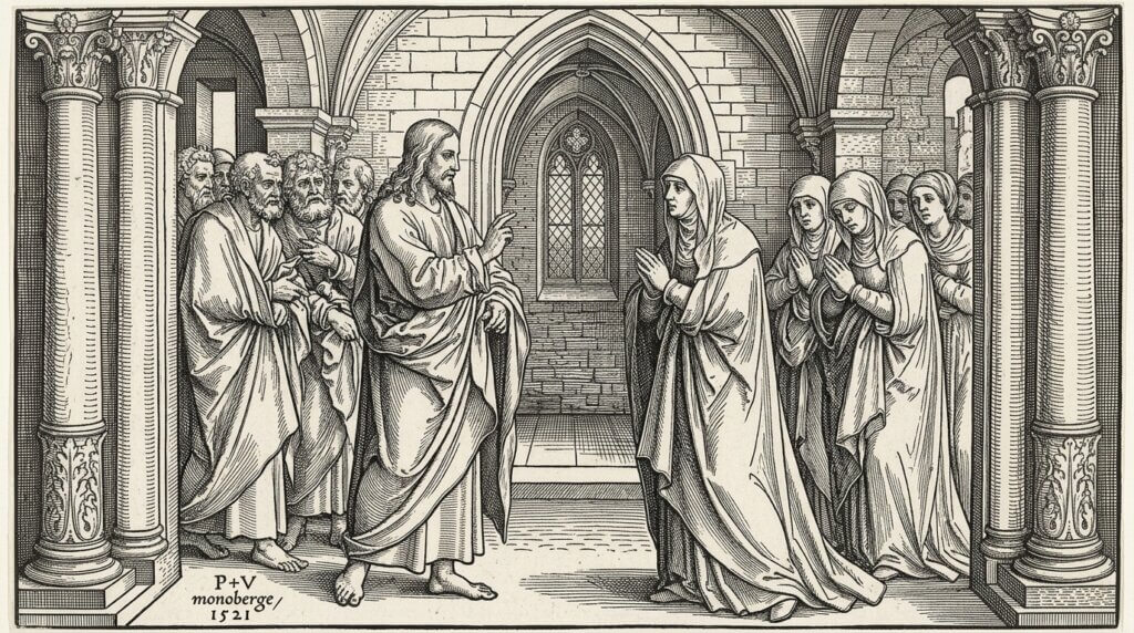 Jesus speaking to a group of men and women in robes inside a stone archway, woodcut by P+V Monoberge, 1521.
