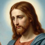 Portrait of Jesus Christ with a halo, long brown hair, and blue robe against a light blue background.