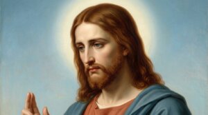 Portrait of Jesus Christ with a halo, long brown hair, and blue robe against a light blue background.