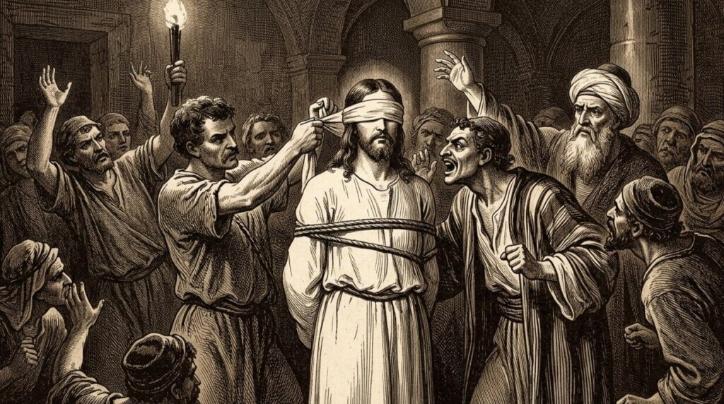 Jesus Christ blindfolded and bound, surrounded by angry men in a biblical scene.