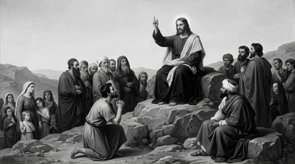 Jesus Christ teaching a group of men, women, and children on a rocky hillside with a halo around his head