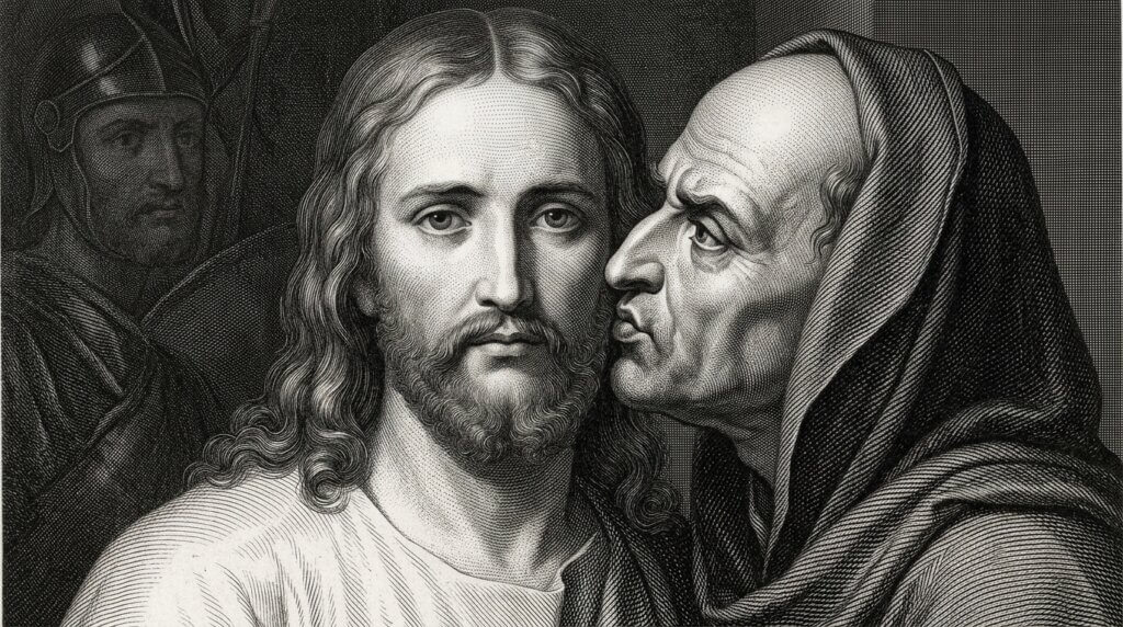 Jesus Christ being betrayed with a kiss by Judas Iscariot in a black and white engraving