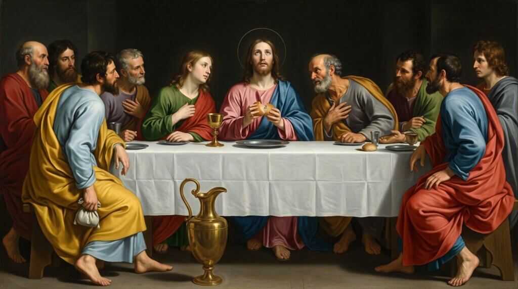Jesus breaking bread with his disciples at the Last Supper, a religious scene with a white tablecloth and golden chalice.