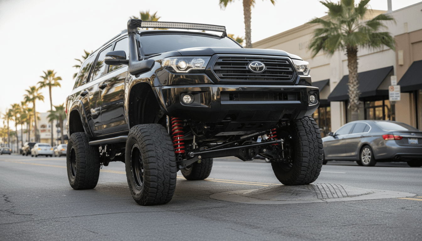 Black lifted Toyota SUV with off-road tires and suspension on a city street with palm trees.