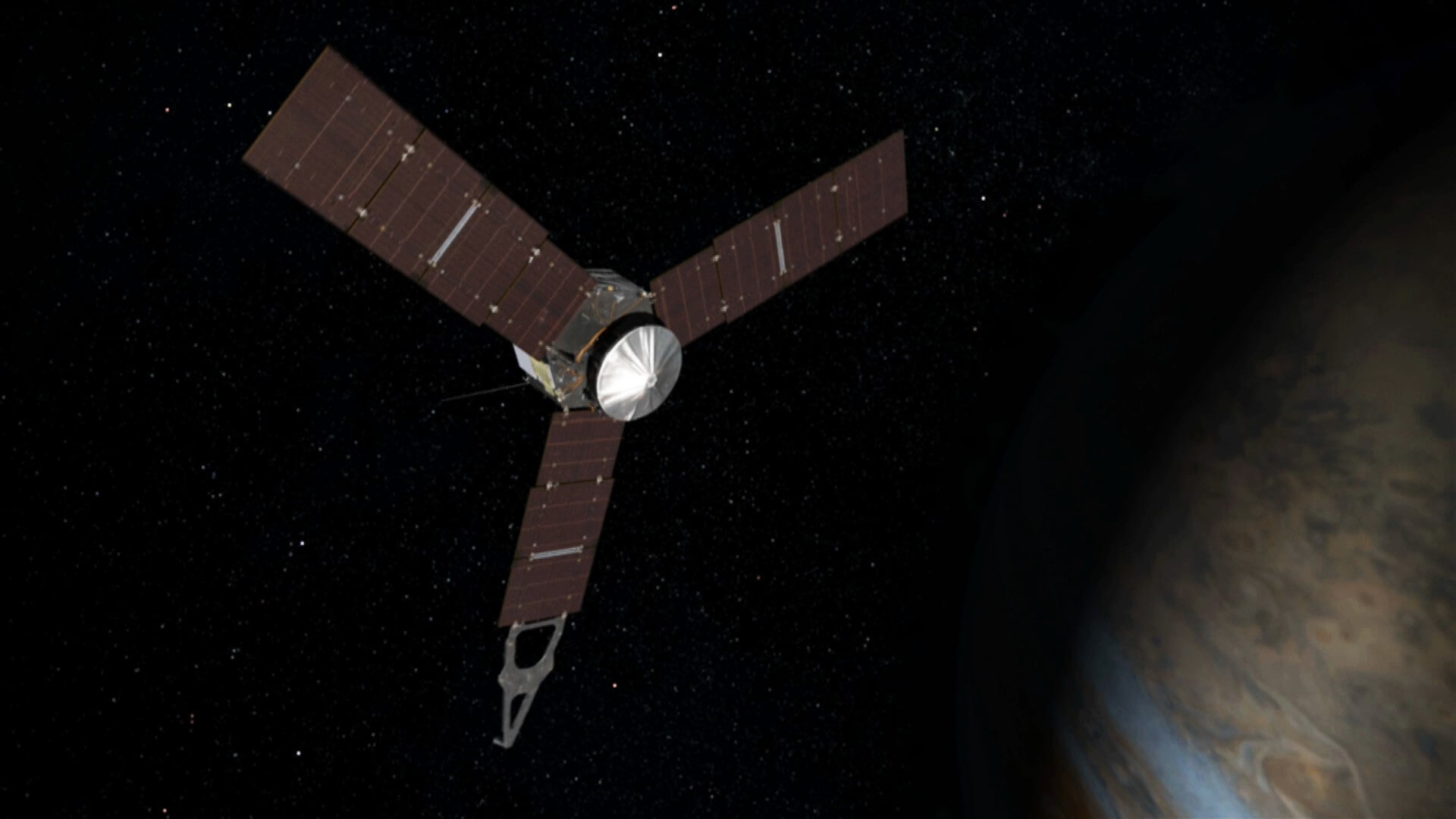 NASA's Juno spacecraft orbiting Jupiter with its solar panels extended against a starry background.