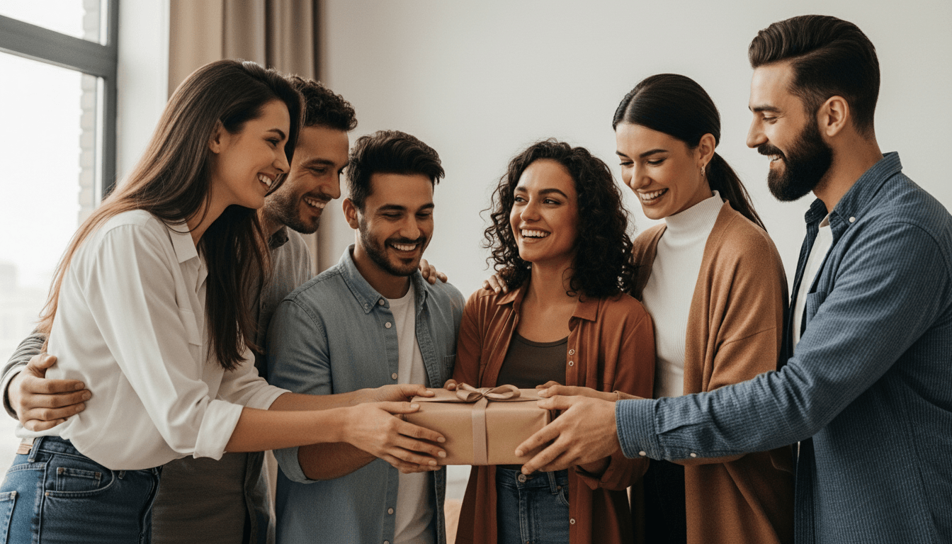 Group of six smiling young adults exchanging a wrapped gift box indoors near a window.