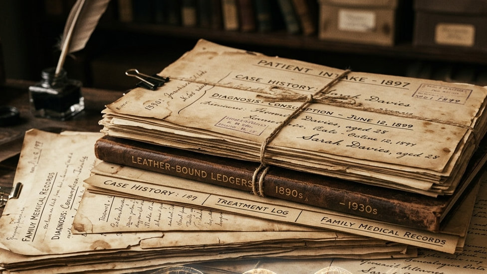 Stack of vintage medical records and leather-bound ledgers from the 1890s to 1930s on a wooden desk with a DNA helix overlay.