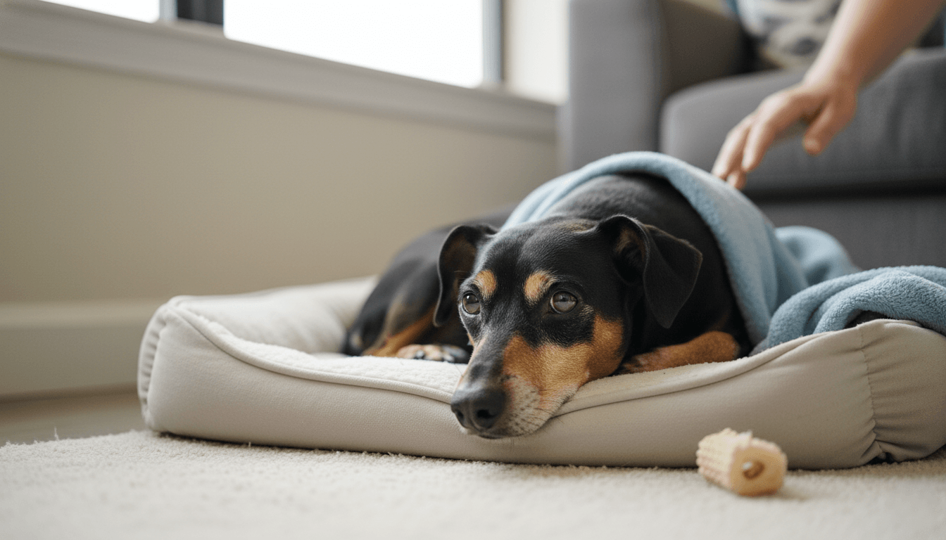 Black and tan dog lying on a beige bed covered with a blue blanket, a hand reaching toward it from a gray couch nearby.
