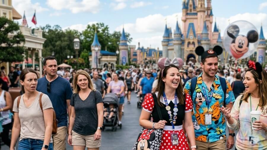 Visitors wearing Disney-themed clothing and accessories walk near Cinderella Castle at Magic Kingdom, Walt Disney World.