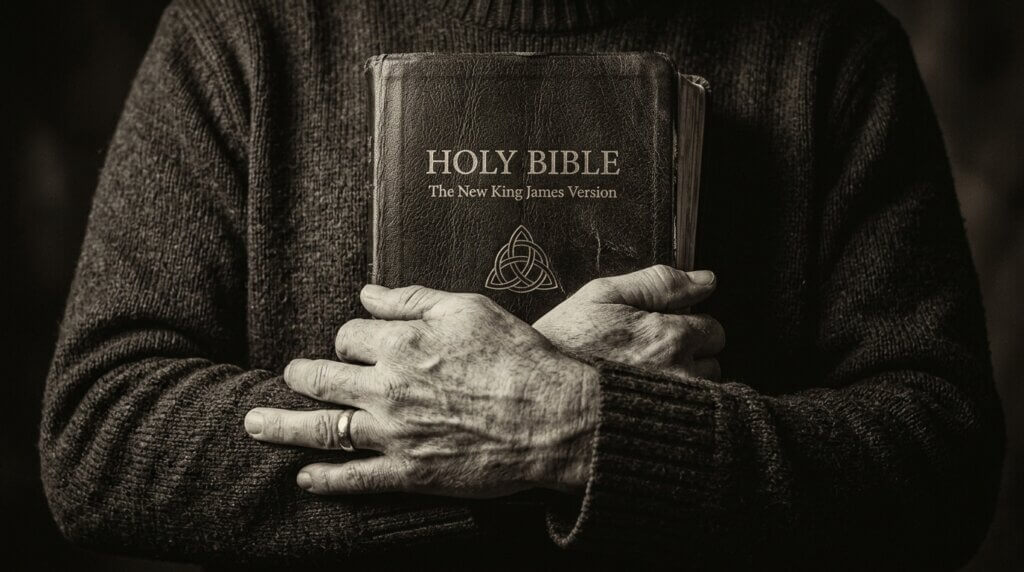 Hands of an elderly person holding a worn New King James Version Holy Bible against a dark sweater background
