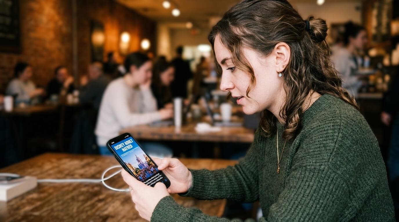 Woman in green sweater reading an article titled "Disney Adult Hatred" on a smartphone in a busy café