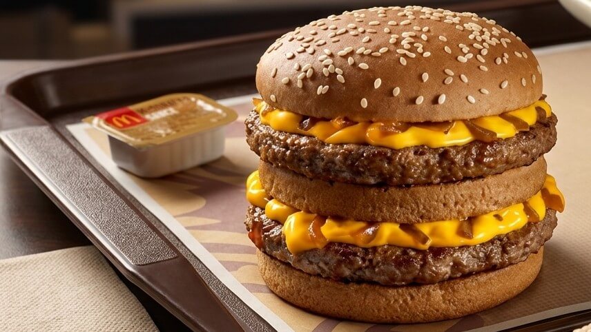McDonald's double cheeseburger with two beef patties, cheese, and sesame seed bun on a tray with dipping sauce.