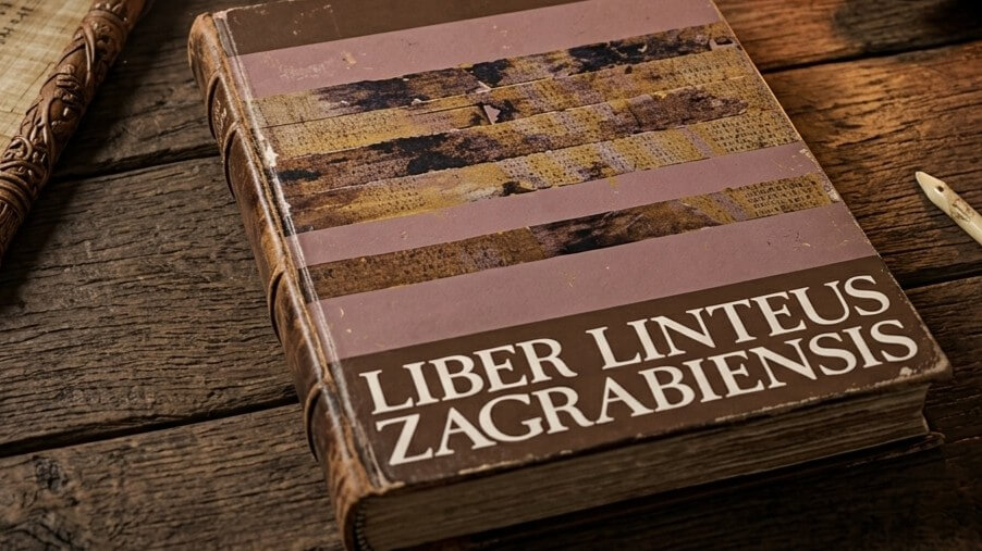 Close-up of the book "Liber Linteus Zagrabiensis" on a wooden surface with a carved wooden stick nearby.