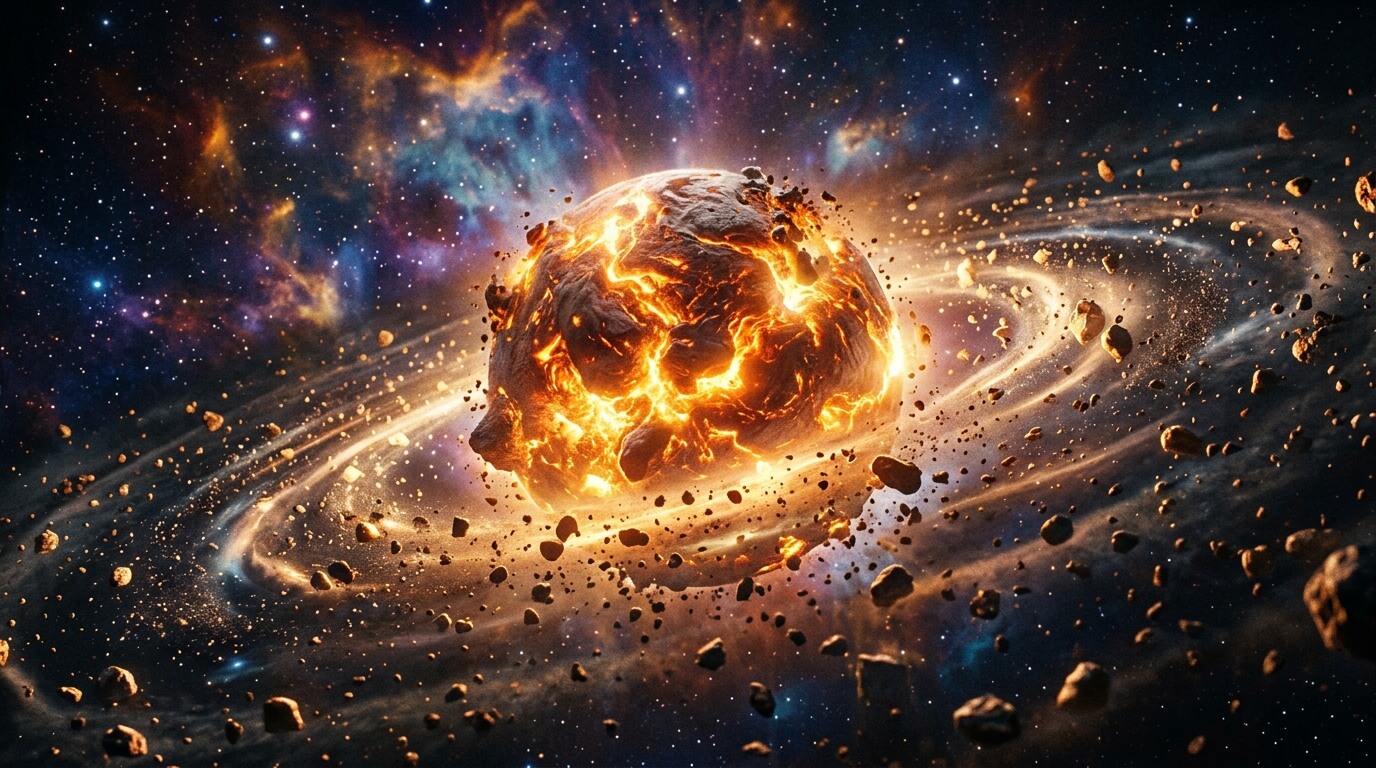 Molten asteroid surrounded by glowing debris and dust in a colorful cosmic nebula background.