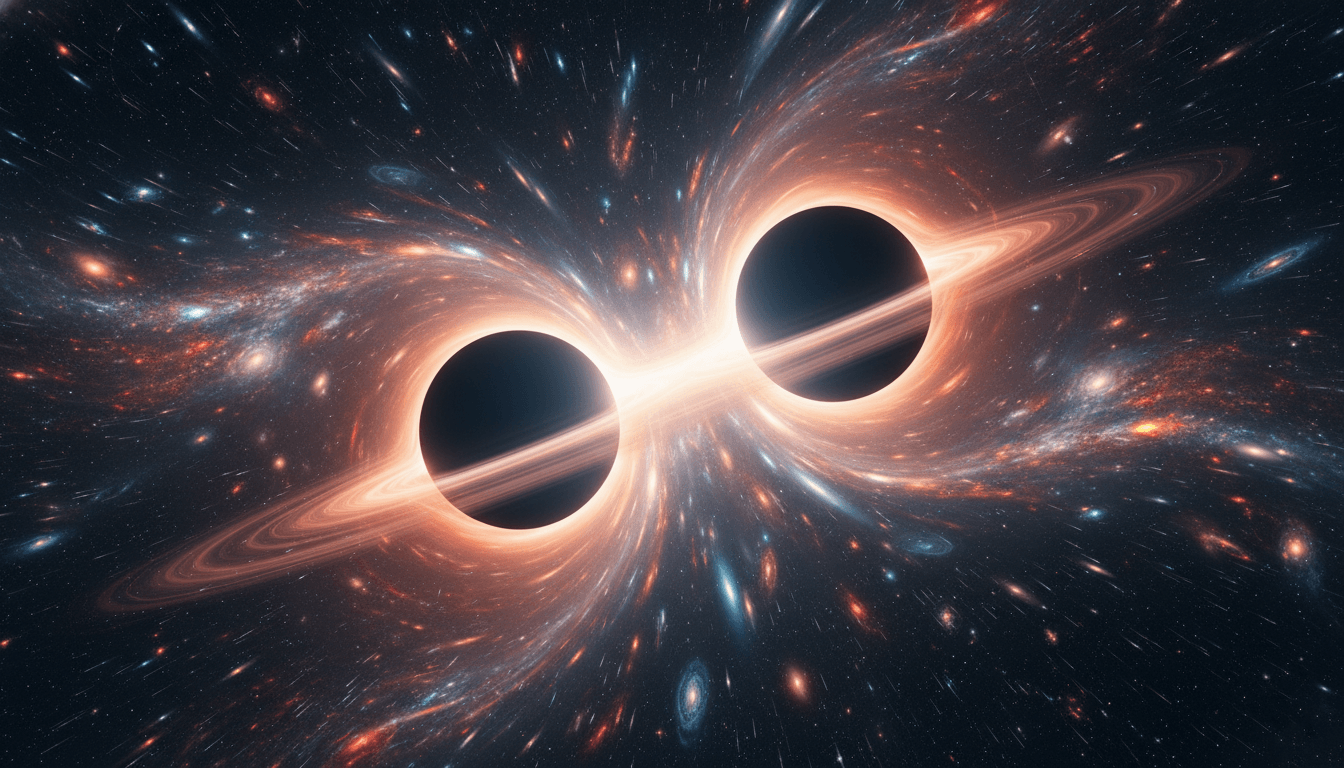 Two black holes with glowing accretion disks connected by a bright gravitational bridge in deep space.