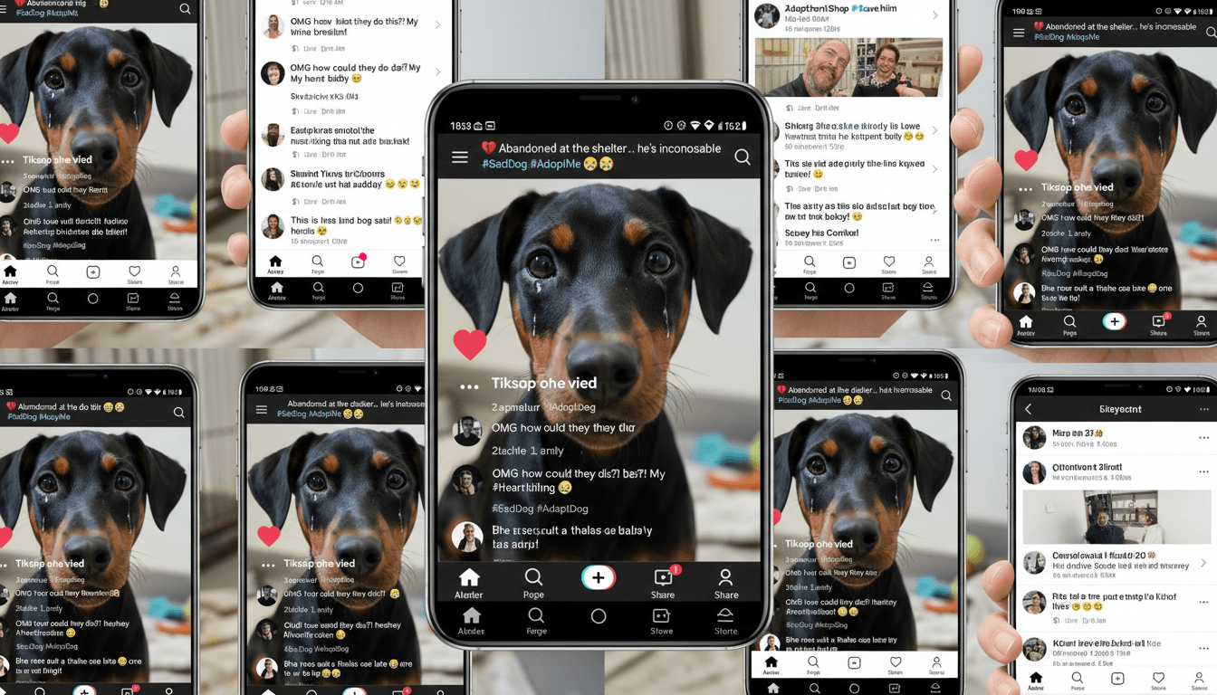 Multiple smartphones displaying a social media post featuring a close-up of a black and tan dog with captions about being abandoned at a shelter and hashtags like #SadDog and #AdoptMe.