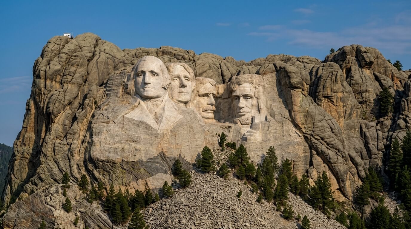 Mount Rushmore National Memorial featuring carved faces of George Washington, Thomas Jefferson, Theodore Roosevelt, and Abraham Lincoln.
