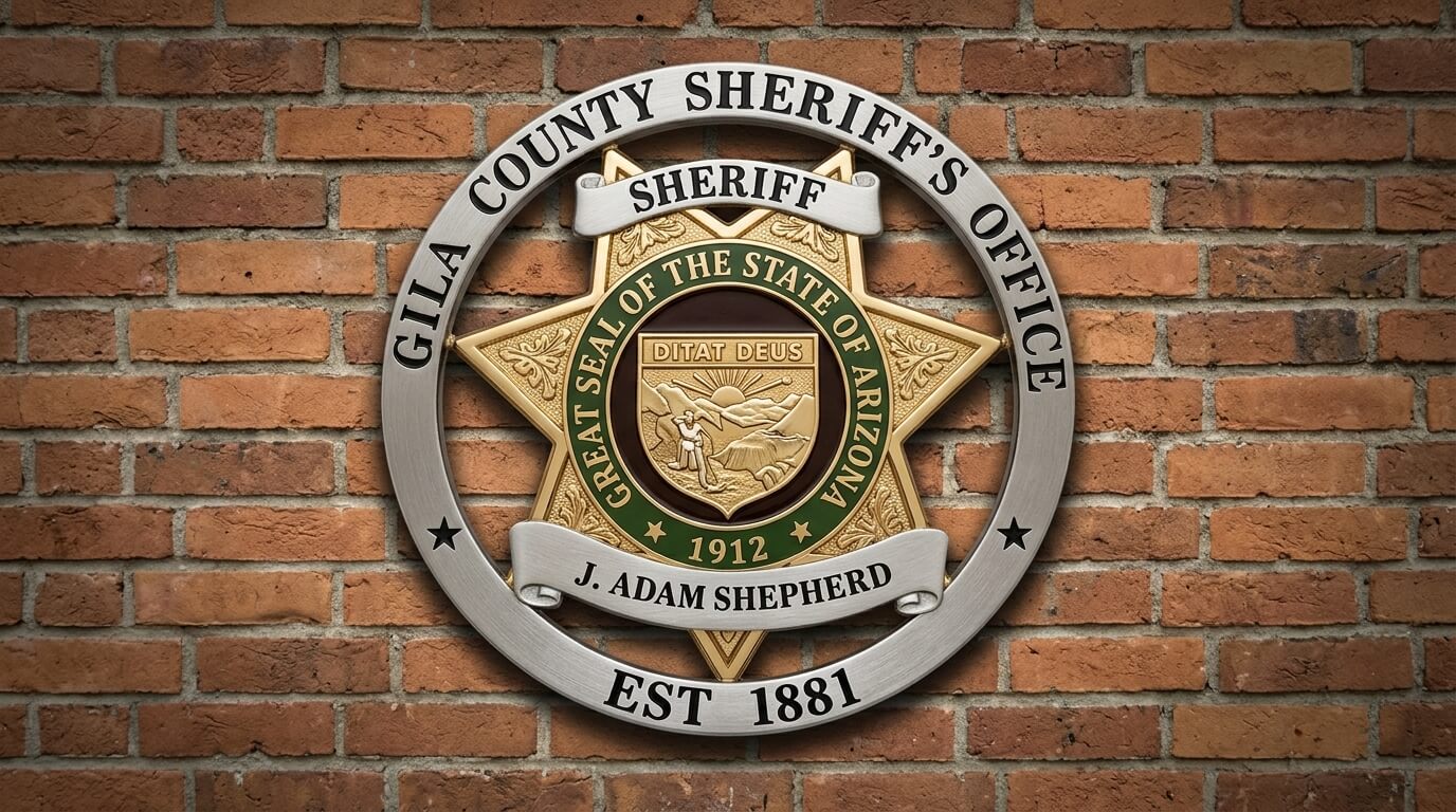 Gila County Sheriff's Office badge with Great Seal of the State of Arizona and name J. Adam Shepherd on brick wall background
