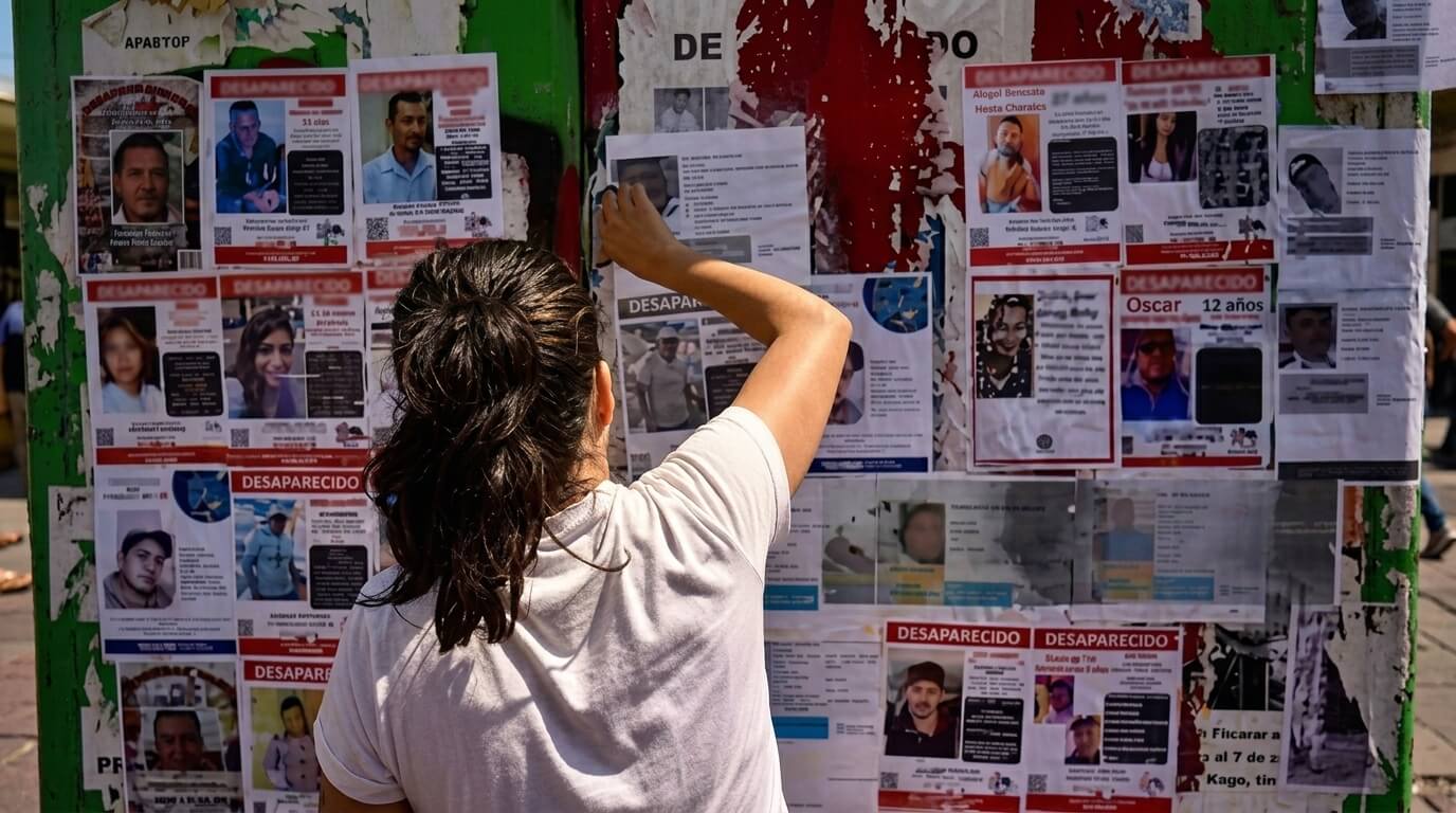 Woman in white shirt posting missing person flyers on a public bulletin board covered with "Desaparecido" notices