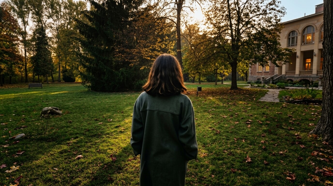 Person with shoulder-length hair wearing a dark green coat standing on grass near trees and a building at sunset