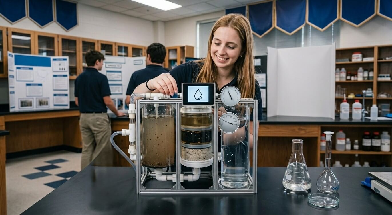 Student demonstrating a water filtration system with gauges and clear containers in a science classroom.