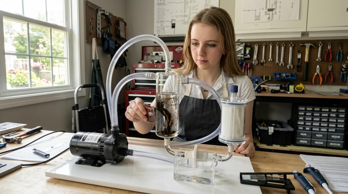 Young woman testing a water filtration system prototype in a workshop with tools in the background