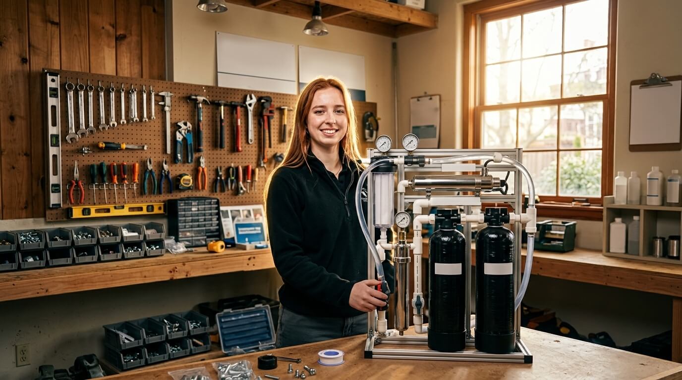 Young woman in workshop assembling water filtration system with tools and parts in background