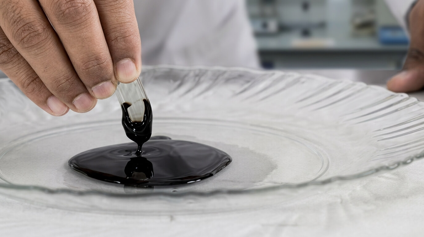 Hand holding a glass vial dripping thick black liquid onto a clear glass plate in a lab setting