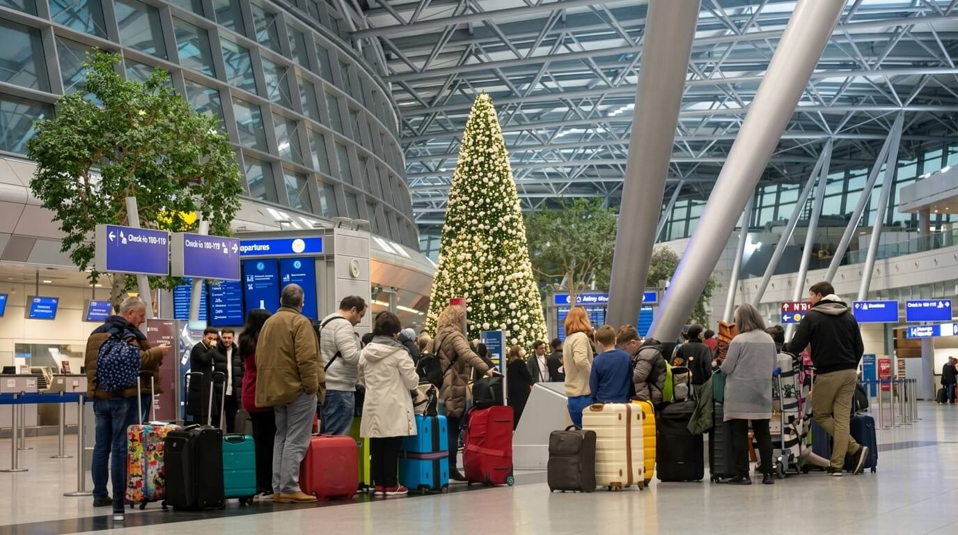 Passengers with luggage waiting in line at an airport terminal decorated with a large Christmas tree