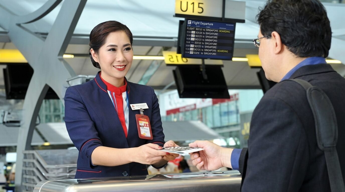 Female airline staff in uniform handing a boarding pass to a male passenger at airport gate U15