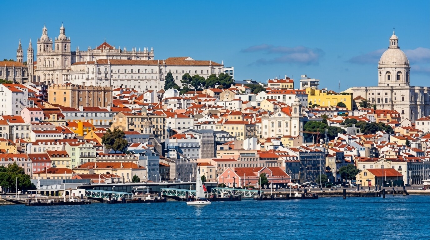 Lisbon waterfront with colorful buildings, São Vicente de Fora Church, and National Pantheon under clear blue sky