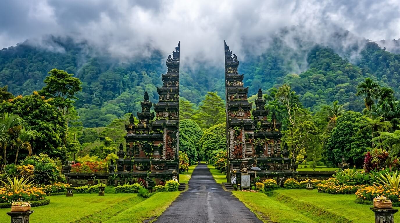 Traditional Balinese split gate with lush greenery and misty forested mountains in the background