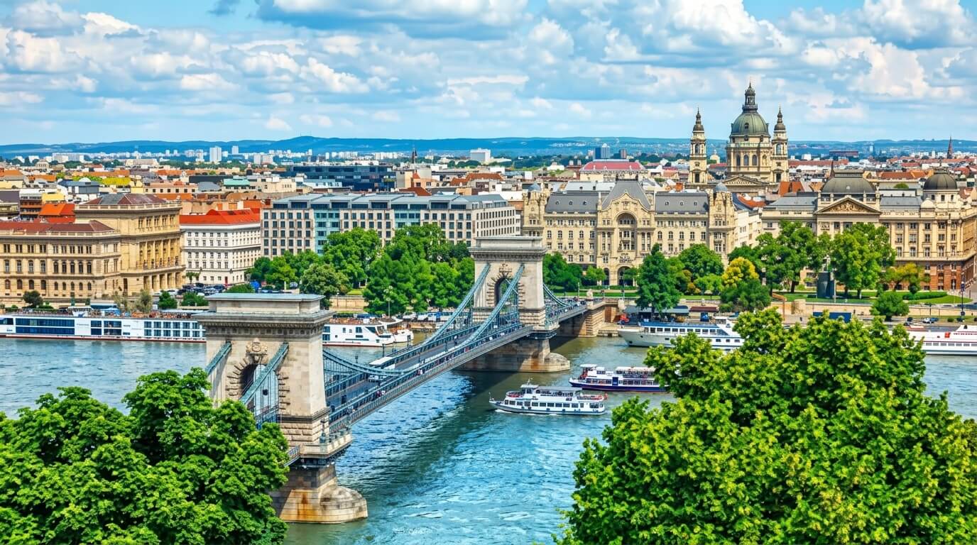 Chain Bridge over the Danube River with boats and historic buildings in Budapest, Hungary