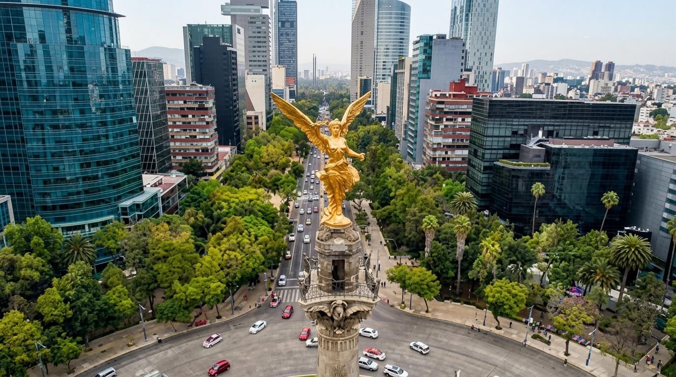 Golden Angel of Independence monument on Paseo de la Reforma avenue in Mexico City with surrounding skyscrapers and traffic.