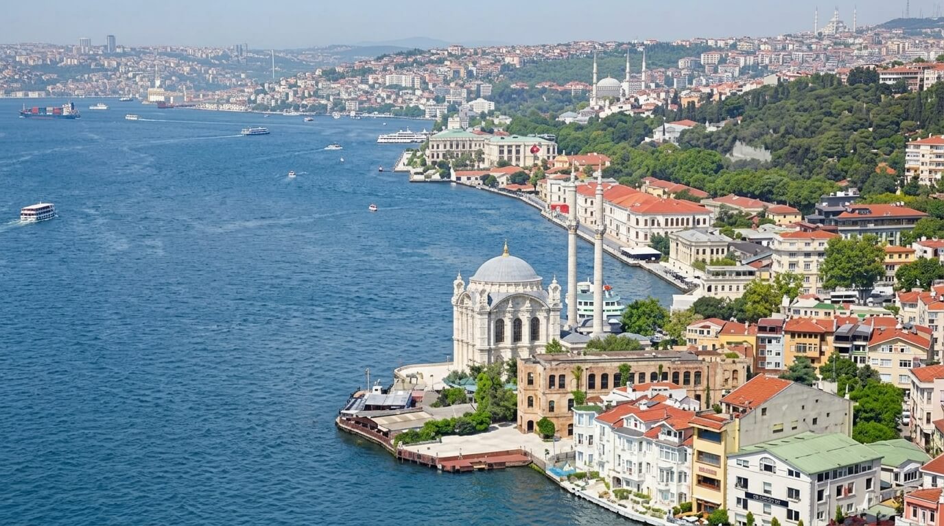 Bosphorus Strait with Ortaköy Mosque and Istanbul cityscape in the background on a clear day