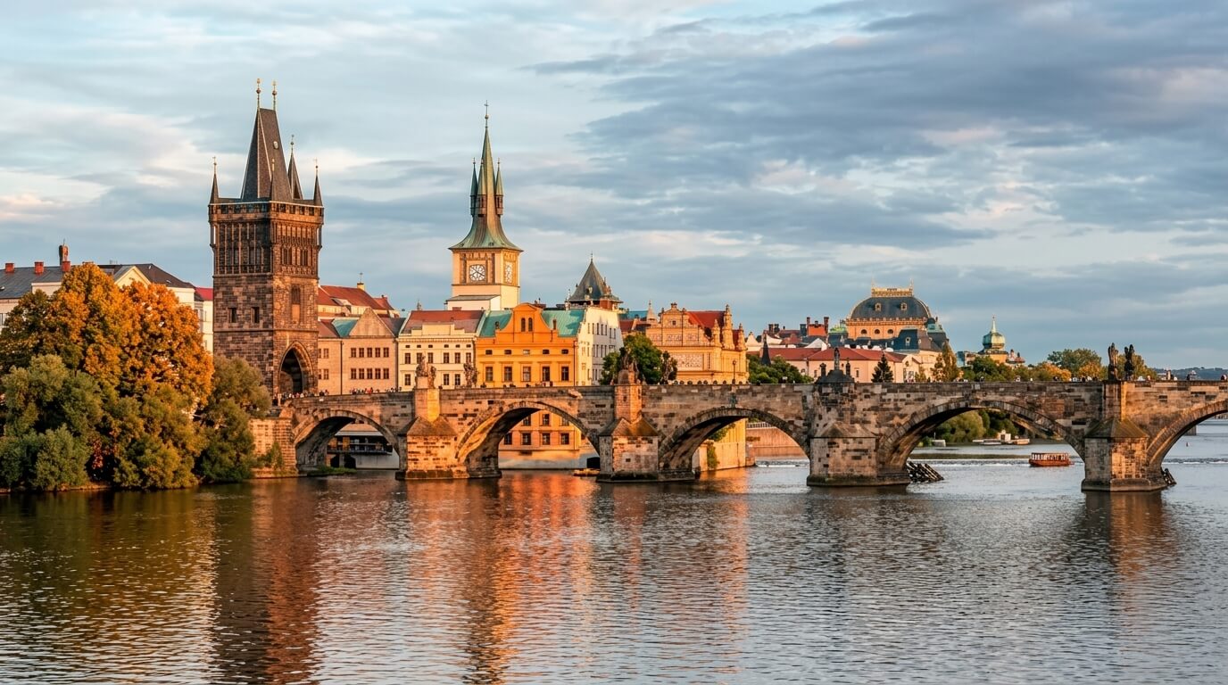Charles Bridge over the Vltava River with historic buildings in Prague at sunset.