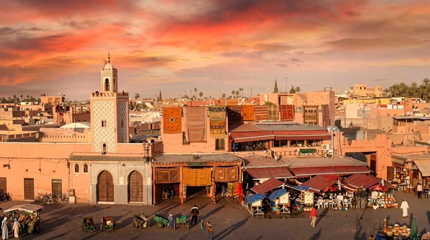 Marketplace with colorful rugs hanging on buildings and people walking under a vibrant sunset sky in Marrakech, Morocco.