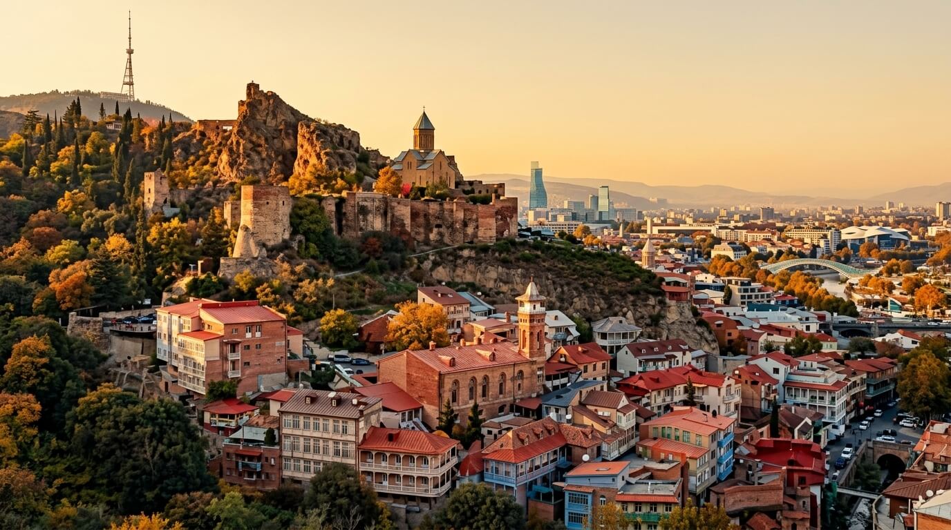 Tbilisi cityscape with Narikala Fortress, Holy Trinity Cathedral, and modern buildings at sunset.