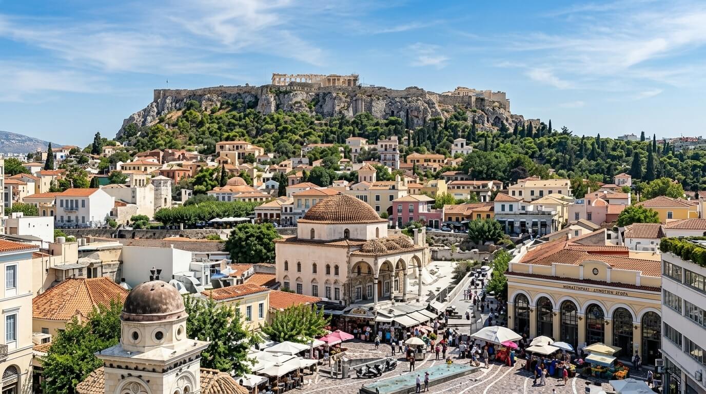 View of Monastiraki Square with shops and people, Acropolis hill and Parthenon in Athens, Greece in the background