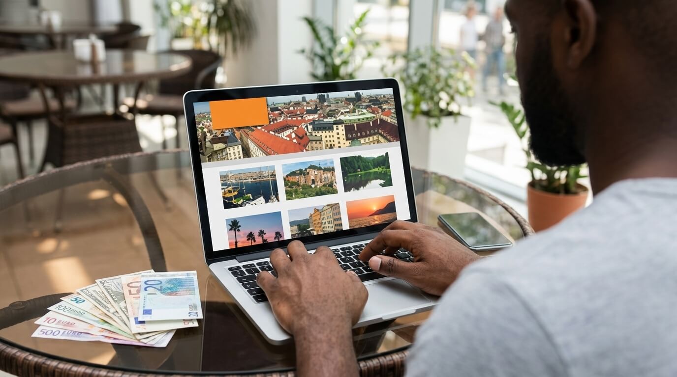 Person browsing travel photos on a laptop with Euro banknotes and a smartphone on a glass table.